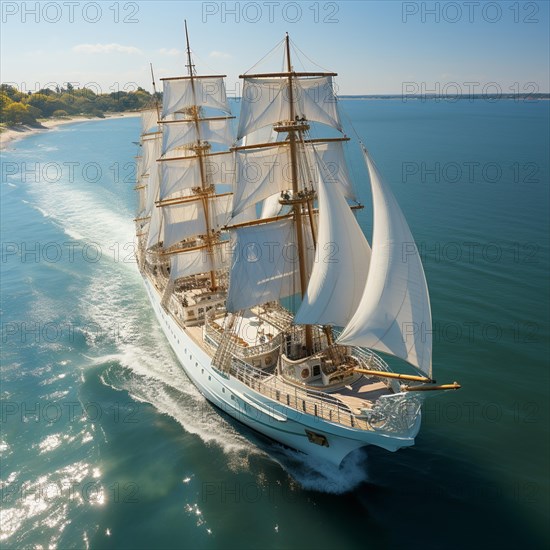 Aerial view modern multi-masted cruise sailing ship