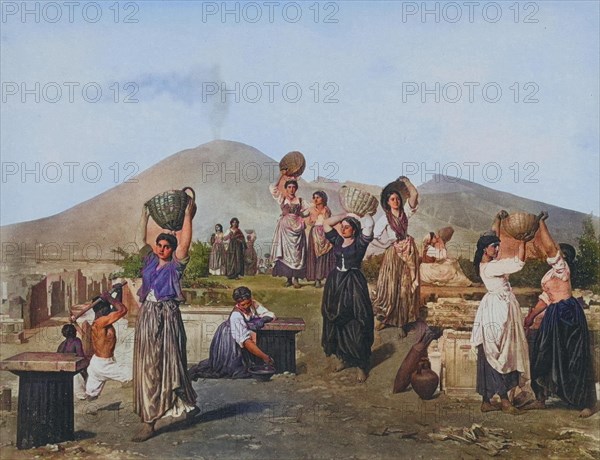 Photo reproduction of a painting by an unknown painter showing Italian woman excavating near Pompeii