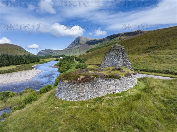 Aerial view of Dun Dornaigil Broch near Alltnacaillich in the Scottish Highlands