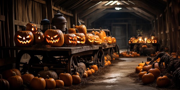 Spooky and fun collection of dozens of halloween carved pumpkins inside a barn on hallows eve