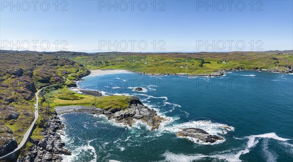 Aerial panorama of Clashnessie Bay and the single track road and scenic route B869