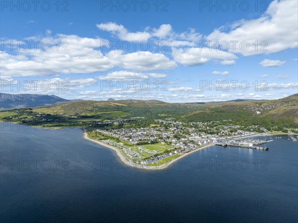 Aerial view of Loch Broom with the harbour town of Ullapool in the Northwest Highlands