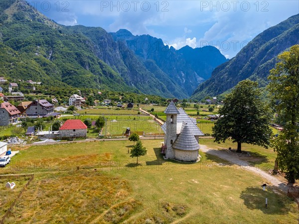 Aerial view over the Catholic Church in the valley of Theth National Park