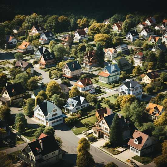 Aerial view of small settlement with terraced houses