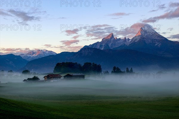 Farmhouse in front of the Watzmann at sunrise