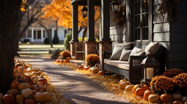 Fall and autumn beautifully decorated house porches with pumpkins