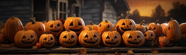 Spooky and fun collection of dozens of halloween carved pumpkins outside on hallows eve