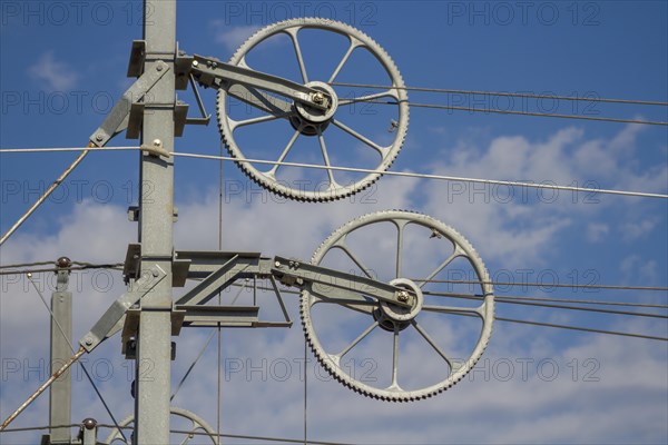 Railway line mast with wheel tensioning station