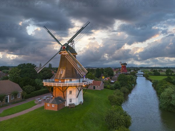 Aerial view of the twin mills at the Old Greetsiel Low Seal