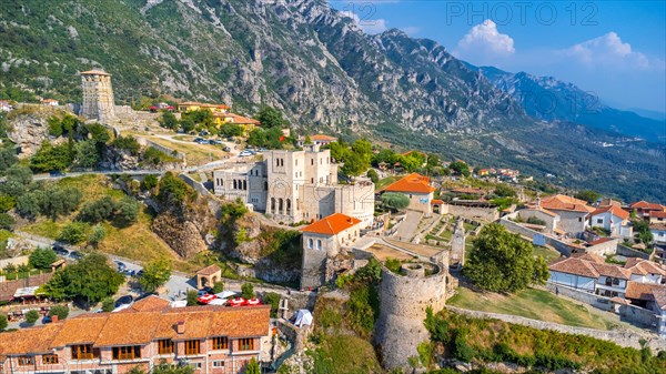 The beautiful Kruje Castle and its fortress seen from an aerial drone view