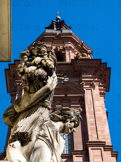 Stone sculpture in front of the tower of the University Church Neubaukirche built 1590