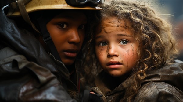 Young african american female firefighter rescuing a young girl