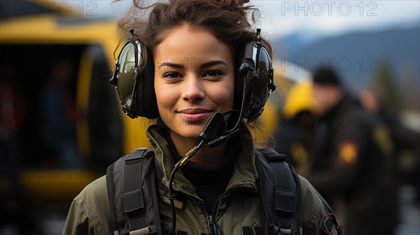 Female african american military helicopter pilot standing near her aircraft