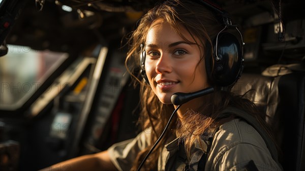 Female military helicopter pilot in the cockpit