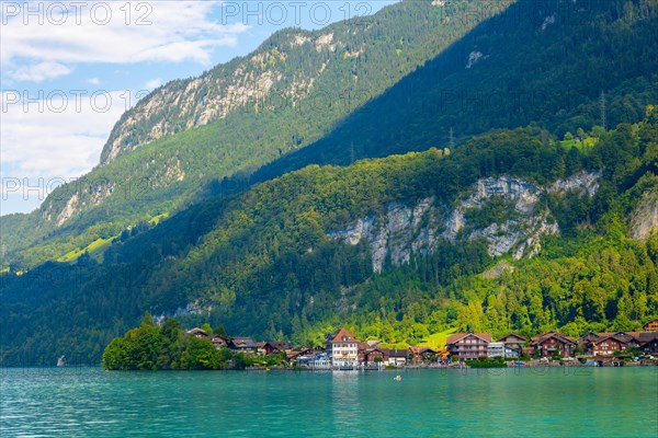 Iseltwald and Mountain on Lake Brienz in a Sunny Day in Interlaken