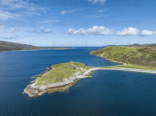 Aerial view of the Ard Neaki peninsula in the sea loch of Loch Eribol with the abandoned lime kilns and ferry house