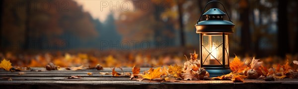 Warm and inviting lit vintage lantern resting on wood planks base outdoors in a fall setting