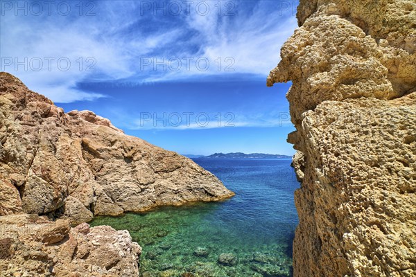 Majestic rocks of Greek island landscape. Sunny summer day