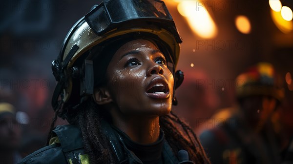 Female african american firefighter wearing protective helmet and grear giving orders at a fire incident