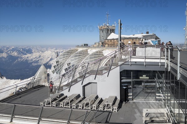 Zugspitzbahn mountain station and Muenchner Haus on the Zugspitz summit above Garmisch-Partenkirchen