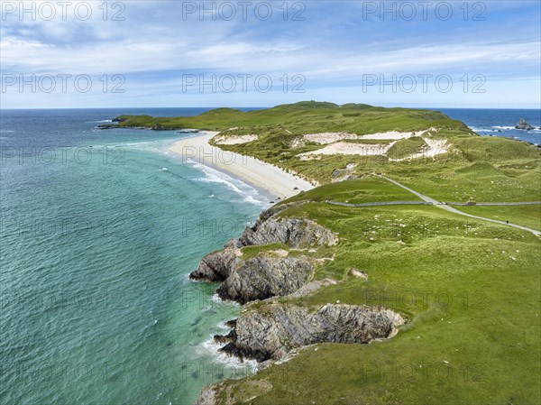 Aerial view of the dune landscape on the Faraid Head peninsula with sandy beach