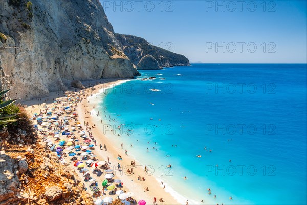 Panoramic view from above of Porto Katsiki beach on Lefkada island in summer