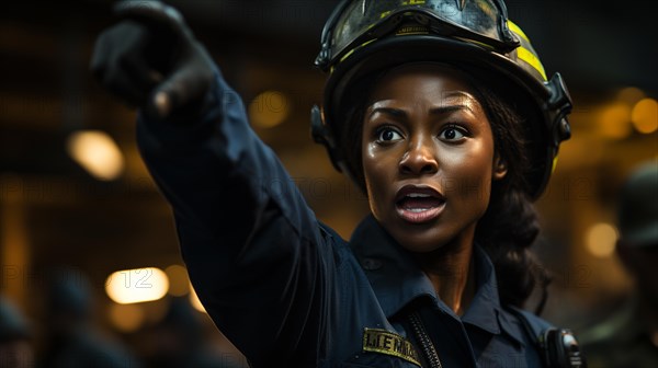 Female african american firefighter wearing protective helmet and grear giving orders at a fire incident