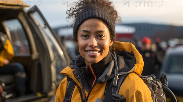 Female african american search and rescue helicopter pilot standing near her aircraft