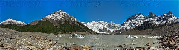 High resolution panorama of Laguna Torre with the peaks around Cerro Torre