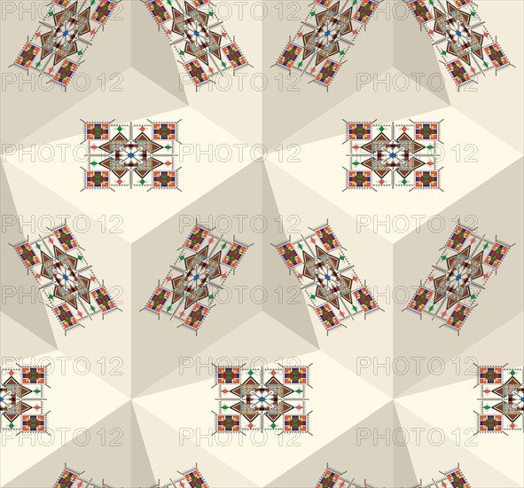 Decorative geometric repeating pattern inspired by Al-Qatt Al-Asiri traditional paintings