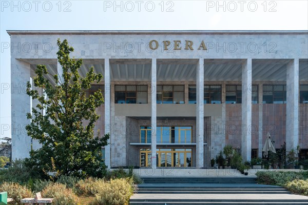 Entrance to the Palace of Culture or Opera at Skanderbeg Square in Tirana. Albania