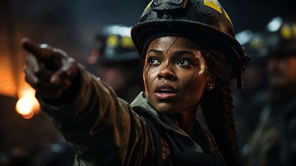 Female african american firefighter wearing protective helmet and grear giving orders at a fire incident