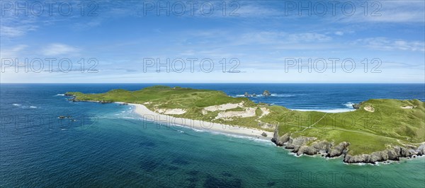 Aerial panorama of Faraid Head peninsula with dunes and sandy beach