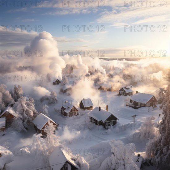 Aerial view of small settlement in winter with smoking chimneys