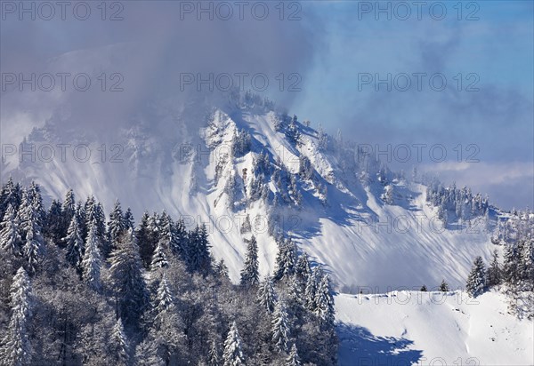 Deeply snow-covered winter landscape with a view of the Faistenau Schafberg