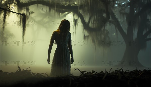 Ghostly female figure silhouette standing or walking amidst the spooky halloween fog outside