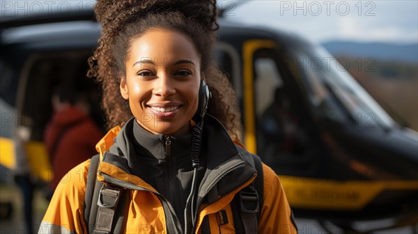 Female african american search and rescue helicopter pilot standing near her aircraft