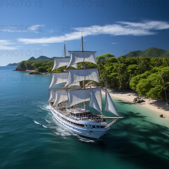 Aerial view modern multi-masted cruise sailing ship