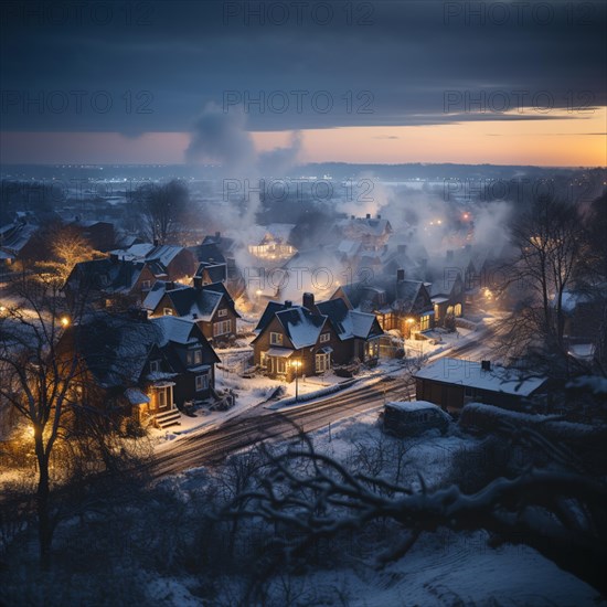 Aerial view of small settlement in winter with smoking chimneys