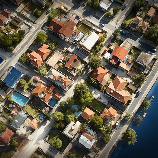 Aerial view of small settlement with terraced houses