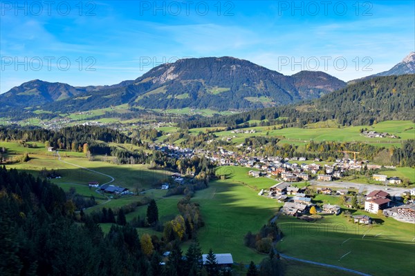 View from the Laerchfilzkogel cable car in autumn of Fieberbrunn in Tyrol