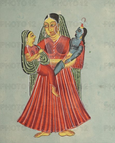 Yasoda holding Krishna and Radha