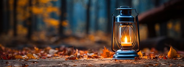 Warm and inviting lit vintage lantern resting on wood planks base outdoors in a fall setting