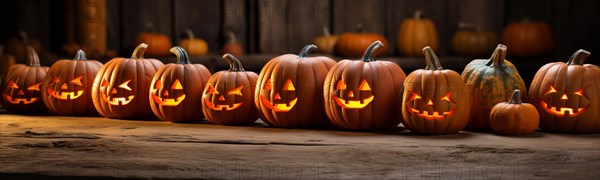 Spooky and fun collection of dozens of halloween carved pumpkins outside on hallows eve