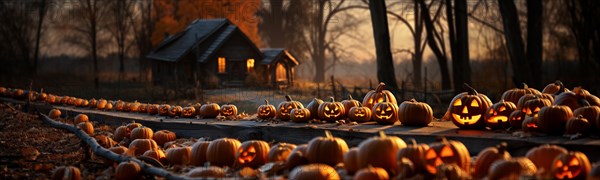 Spooky and fun collection of dozens of halloween carved pumpkins outside on hallows eve