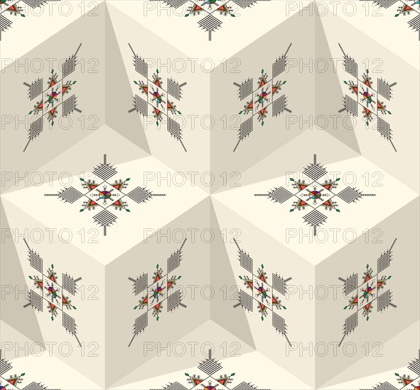 Decorative geometric repeating pattern inspired by Al-Qatt Al-Asiri traditional paintings