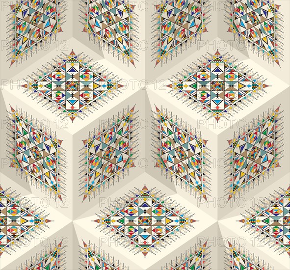 Decorative geometric repeating pattern inspired by Al-Qatt Al-Asiri traditional paintings