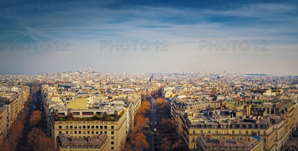 Paris cityscape panoramic view to Sacre Coeur Basilica of Montmartre