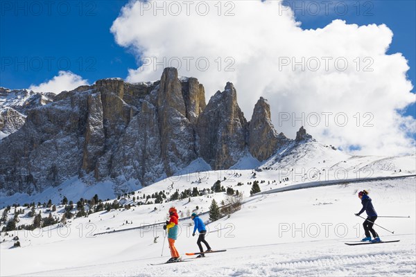 Snow-covered mountains and skiers