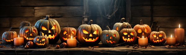 Spooky and fun collection of dozens of halloween carved pumpkins outside on hallows eve